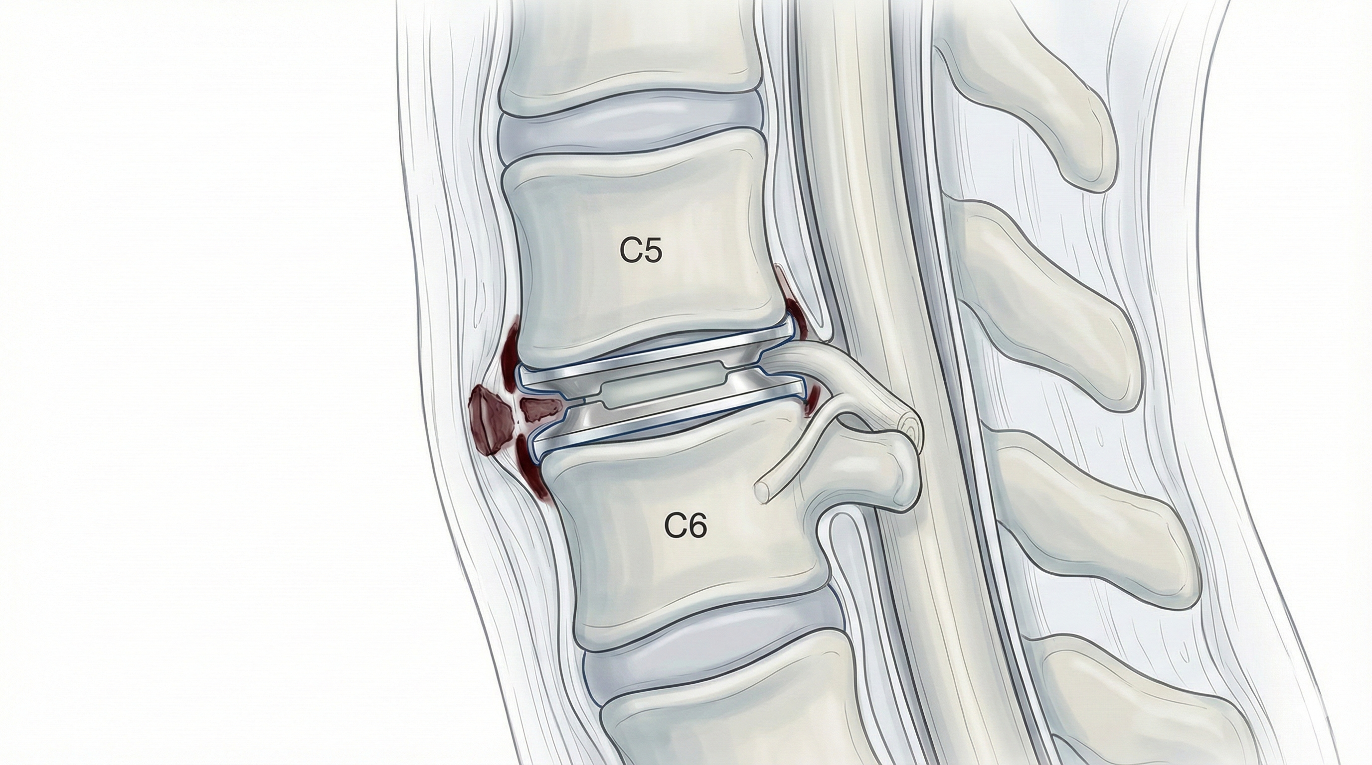 Ilustración lateral de columna cervical con prótesis de disco entre C5 y C6, mostrando preservación de la altura y la movilidad del segmento.